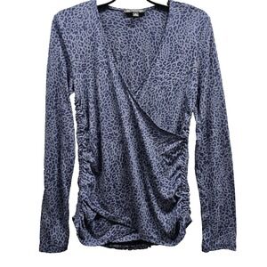 INC Women's Medium Top Ruched Faux Wrap Blue Leopard Animal Print Casual Party